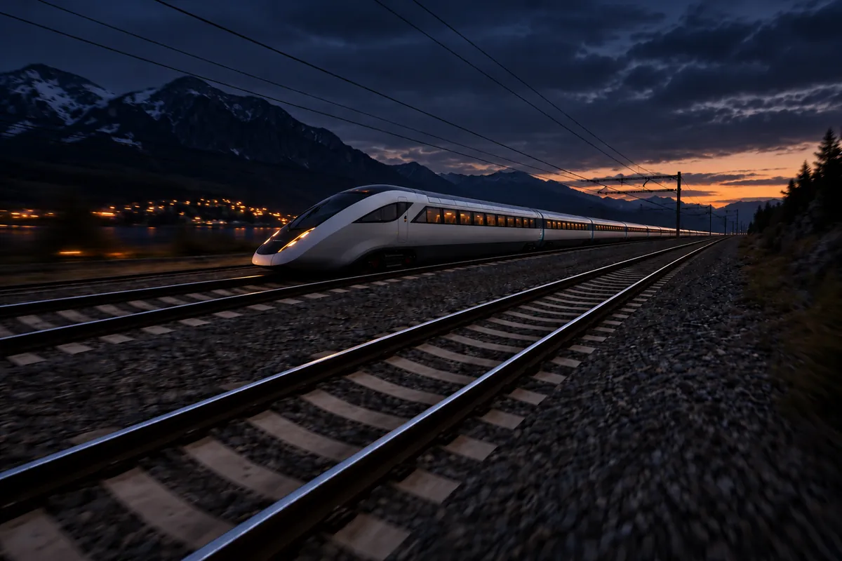 A high-speed train running along a mountain valley at dusk